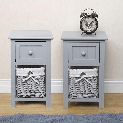 Set of 2 Nightstand, Solid Wood Bedside Table with Drawer and Wicker Basket for Home, Living Room, Bedroom 31 x 28 x 45cm (Grey) Set of 2 Nightstand, Solid Wood Bedside Table with Drawer and Wicker Basket for Home, Living Room, Bedroom 31 x 28 x 45cm (Grey)